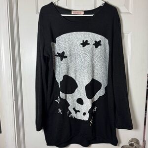 Allegra K Black and Gray Skull Long Sleeve Tee